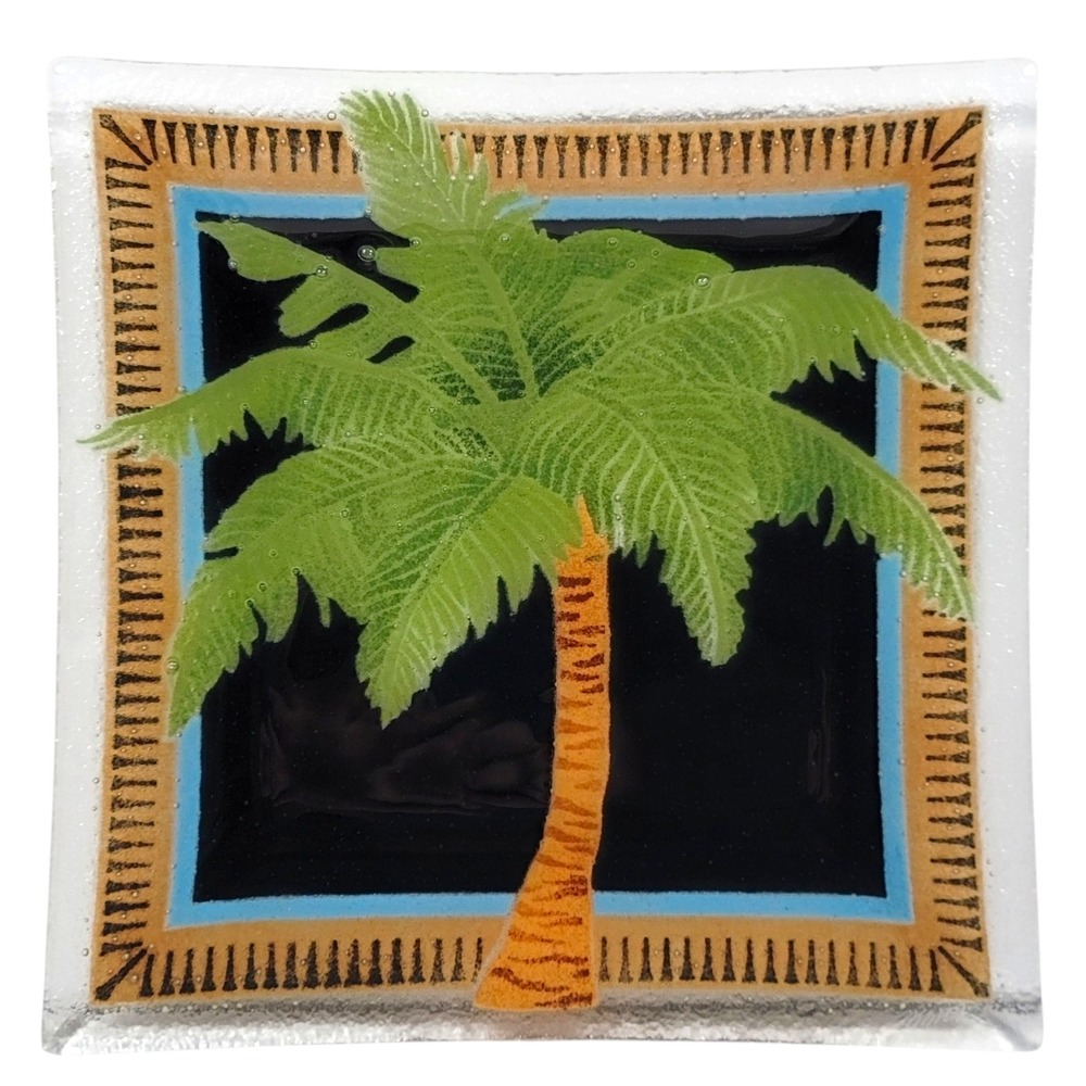 Peggy Karr‎ Palm Tree Fused Art Glass Plate Tray 10x10 Tropical Tiki Island Gift